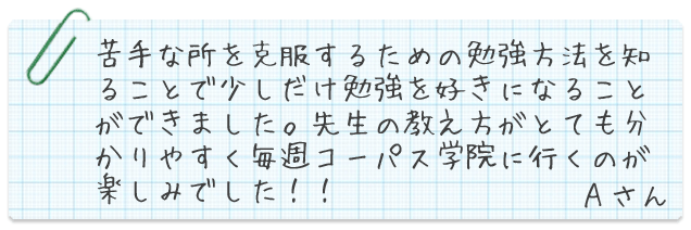 苦手な所を克服するための勉強方法を知ることで少しだけ勉強を好きになることができました。先生の教え方がとてもわかりやすく毎週コーパス学院に行くのが楽しみでした!!Aさん