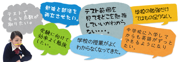 テストでもっと点数が取りたい。勉強と部活を両立させたい。受験に向けて効率よく勉強したい。テスト範囲を見てもどこを勉強していいかわからない・・・。学校の授業がよく分からなくなってきた。学校の勉強だけではもの足りない。中学校に入学してからも英語がずっとできるようになりたい。